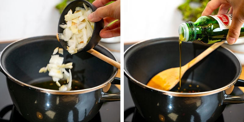 En Una Cacerola, Haz Un Sofrito Con Las Cebollas Usando Aceite De Coco O De Oliva. Agrega El Ajo Cuando Las Cebollas Estén Transparentes Y Cocina Hasta Que Suelte Su Aroma