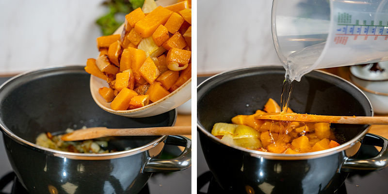 Añade La Calabaza Asada Y El Caldo De Verduras Con El Agua, Y Deja Cocinar A Fuego Lento